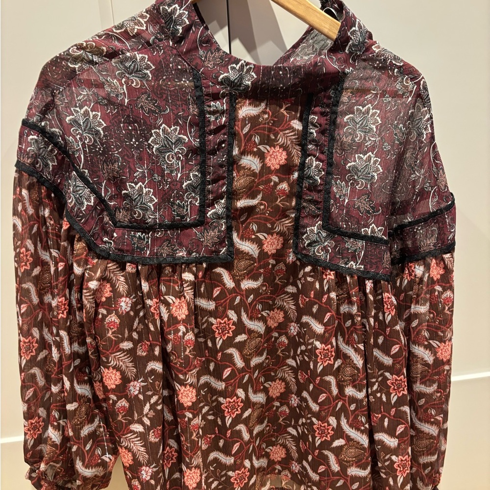 Zara Burgundy Floral Semi Sheer Blouse